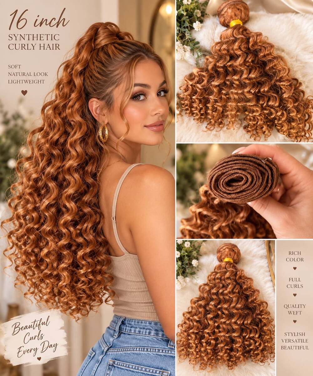 16 Inch Synthetic Curly Hair Weft Light Brown Ginger Deep Wave Bulk Hair Extensi